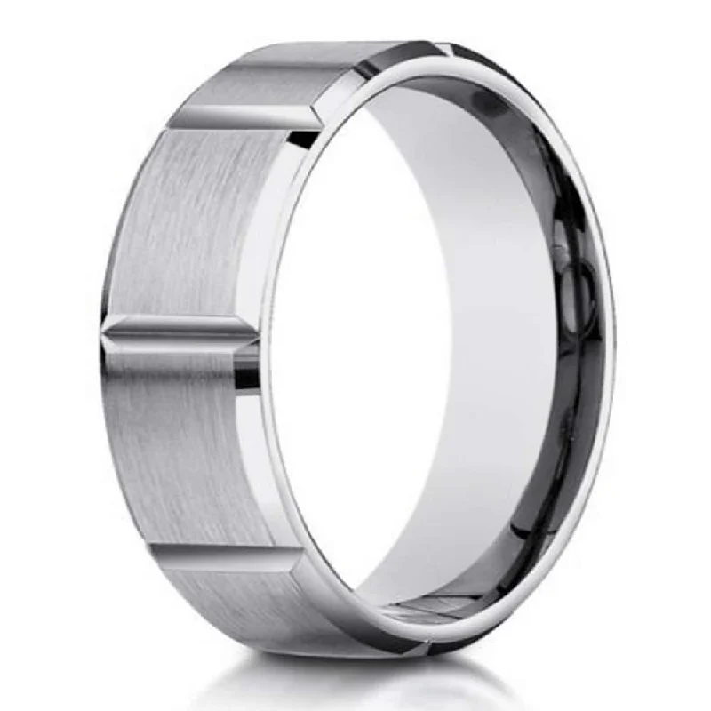 Glossy velvet rings-6mm 14k White Gold Designer Men's Ring with Vertical Grooves