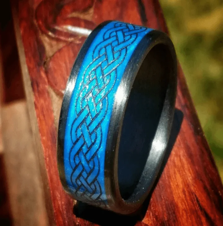 Owl design rings-Celtic Weave Blue and Black Carbon Fiber Ring - 8mm