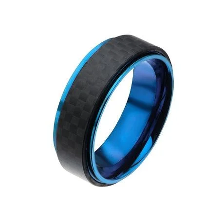 Leaf carved rings-Stainless Steel Blue Plated and Solid Carbon Fiber Ring - 8mm