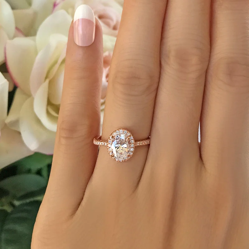 Single dot rings-1.5 ctw Oval Halo Ring - Rose GP, 50% Final Sale