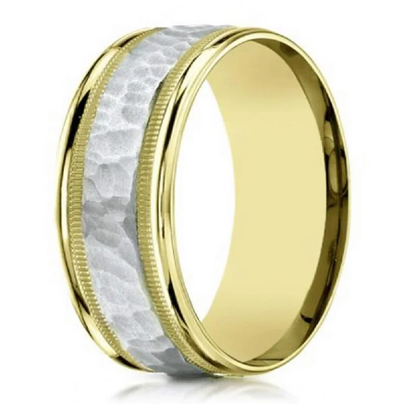 Clean modern rings-8mm Men's Two Tone 14k W&Y Gold Hammered Center Wedding Ring