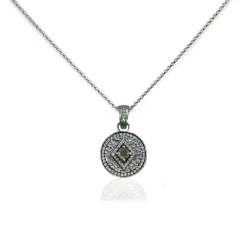 Stamped coin necklaces-VINTAGE SILVER LABRADORITE DISC NECKLACE