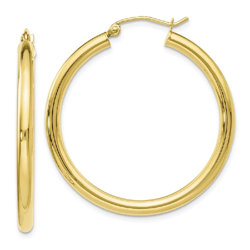 Curved design earrings-3mm Round Hoop Earrings in 10k Yellow Gold, 35mm (1 3/8 Inch)