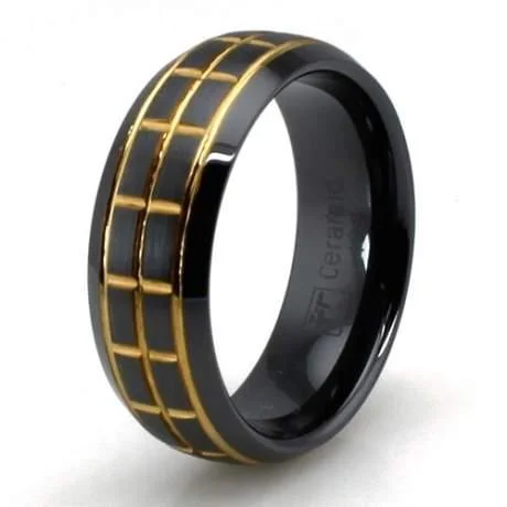 Hollowed band rings-Black Ceramic Golden Groove Ring-8mm