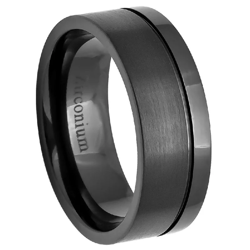 Wave style rings-Men's Black Zirconium Ring Brushed Pipe Cut Edge and Polished Edges l 8mm