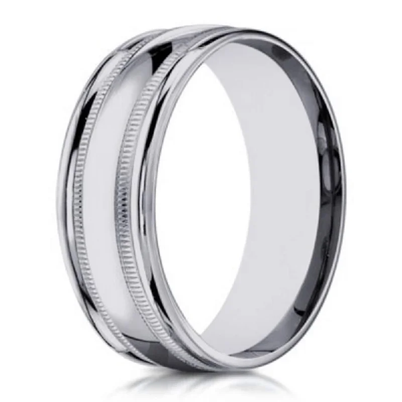 Broad geometric rings-Designer 10K White Gold Men's Wedding Ring With Milgrain | 6mm