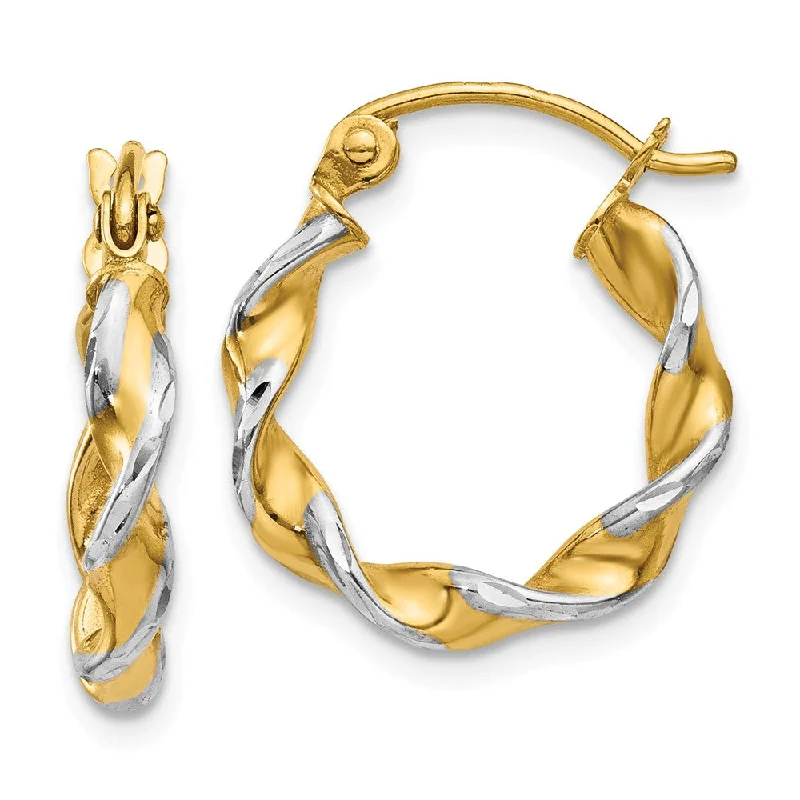 Polished clay earrings-2.75mm, Two-tone Twisted Hoops in 14k Yellow Gold and Rhodium, 15mm