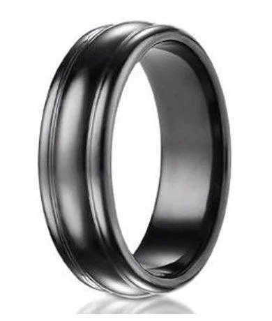 Grand cocktail rings-Benchmark Rounded Edge Black Titanium Wedding Ring for Men- 7.5mm