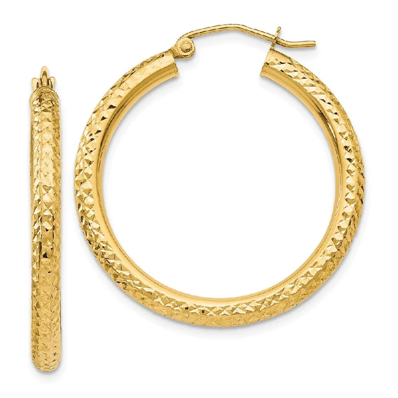 Woven tribal earrings-3mm x 30mm, 14k Yellow Gold, Diamond-cut Round Hoop Earrings