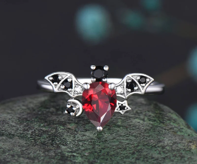 Octagonal shape rings-Gothic-style Halloween-themed Pear Cut Natural Ruby Ring Bat Ring Moon Star Promise Ring