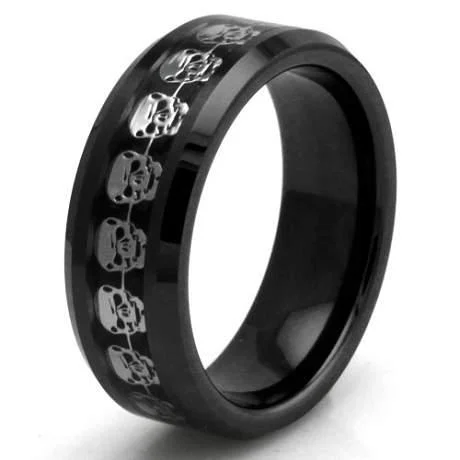 Thick stone rings-Black Ceramic Carbon Fiber Skull Inlay Ring-8mm