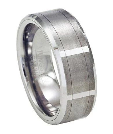 Detailed accent rings-Tungsten Vertical Faceted Satin-Finish Ring with Beveled Edges | 8mm