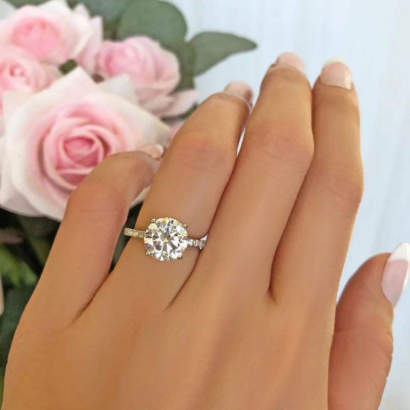 Thick band rings-3.25 ctw Round Accented Solitaire Ring - 10k Solid White Gold