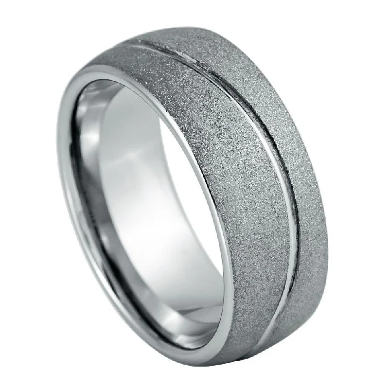 Woven motif rings-Men's Tungsten Ring with Stoned Frosted Finish and Swirl Center - 8mm