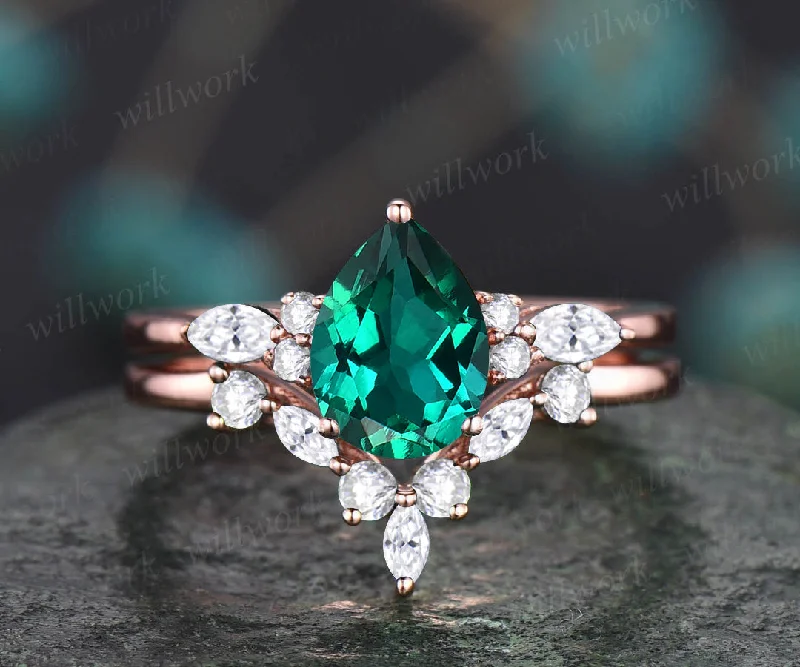 Glossy velvet rings-READY TO SHIP: 2PC Pear Shape Emerald Ring Set - Silver Rose Plated - Ring Size: 5.5 US