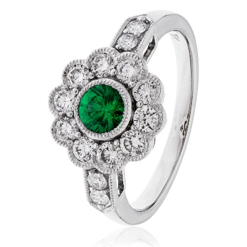 Hematite rings-Round Emerald Diamond Cluster Ring