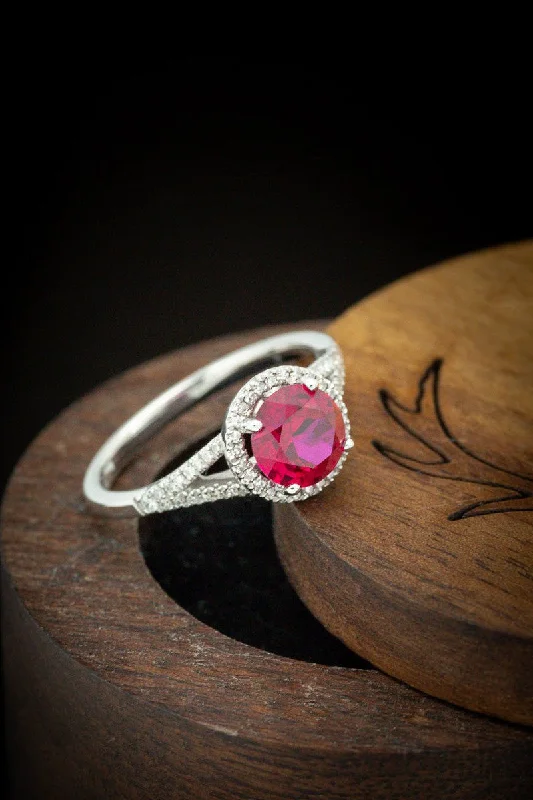 Broad geometric rings-"AURA" - BIRTHSTONE RING WITH A LAB-GROWN RUBY CENTER STONE & DIAMOND ACCENTS