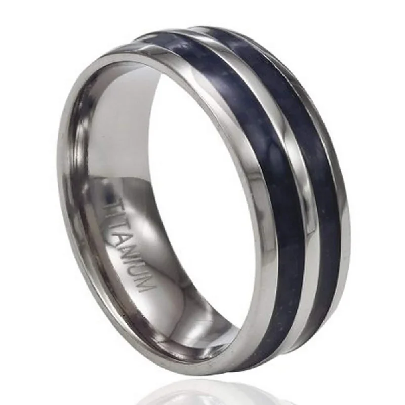 Full moon rings-Men's Titanium Ring with Two Rows of Black Carbon Fiber and Rounded Edges | 8mm