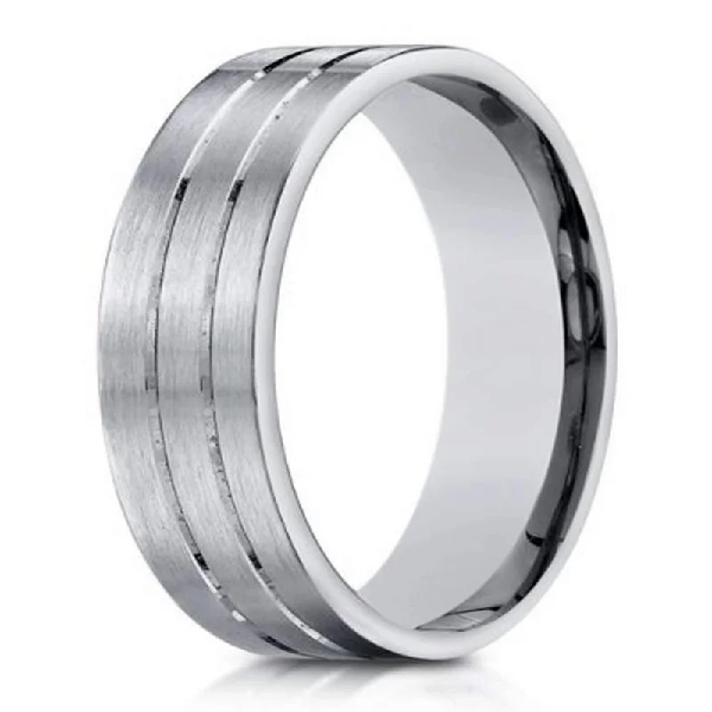 Sleek clasp rings-6mm Men's Satin-Finished 14k White Gold Wedding Ring with Two Parallel Cuts