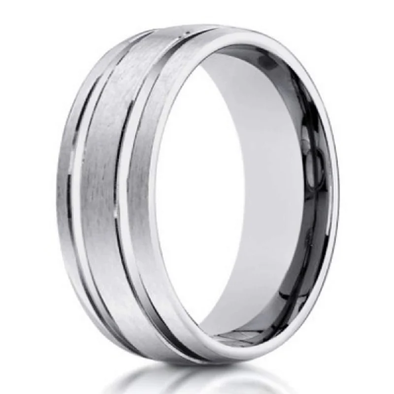 Octagonal shape rings-Men's 10K White Gold Wedding Ring With Polished Lines | 6mm