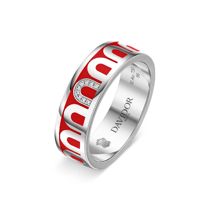 Hollowed band rings-L’Arc de DAVIDOR Ring MM, 18k White Gold with Fraise Lacquered Ceramic and Porta Simple Diamonds