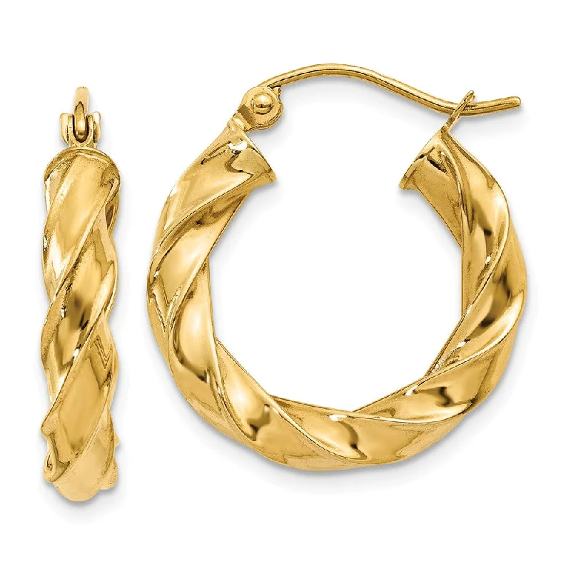 Oversized ring earrings-4mm x 21mm Polished 14k Yellow Gold Hollow Twisted Round Hoop Earrings