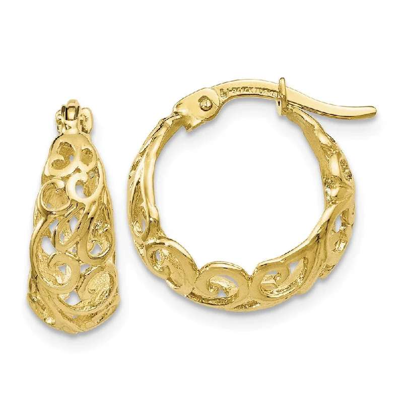 Shining crystal earrings-Tapered Scroll Hoop Earrings in 10k Yellow Gold, 16mm (5/8 Inch)