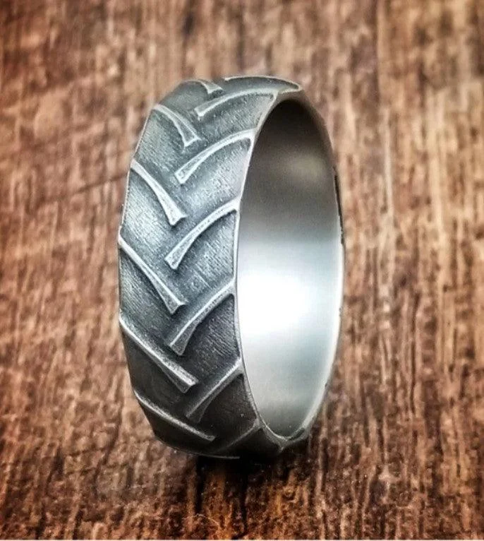 Burnished bronze rings-Titanium Handmade Tractor Tread Ring-8mm