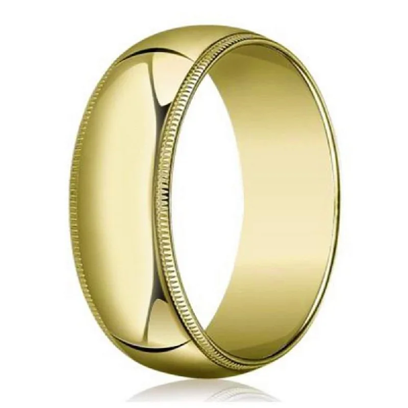 Thick band rings-Designer 14K Yellow Gold Men's Wedding Ring, Classic Beaded- 8mm