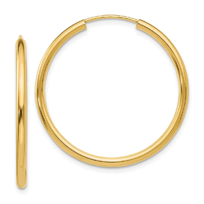 Slim hoop earrings-2mm x 30mm 14k Yellow Gold Polished Round Endless Hoop Earrings