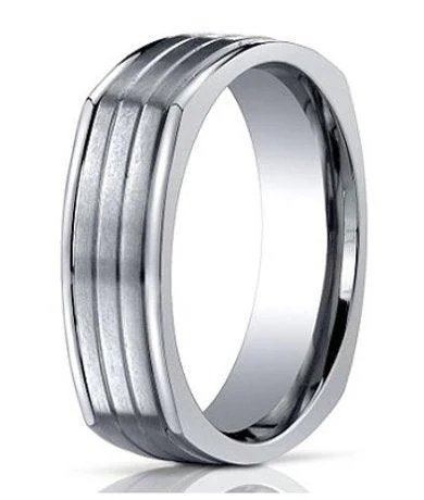 Linked band rings-7mm Men's Benchmark Four Sided Titanium Wedding Ring with Horizontal Grooves