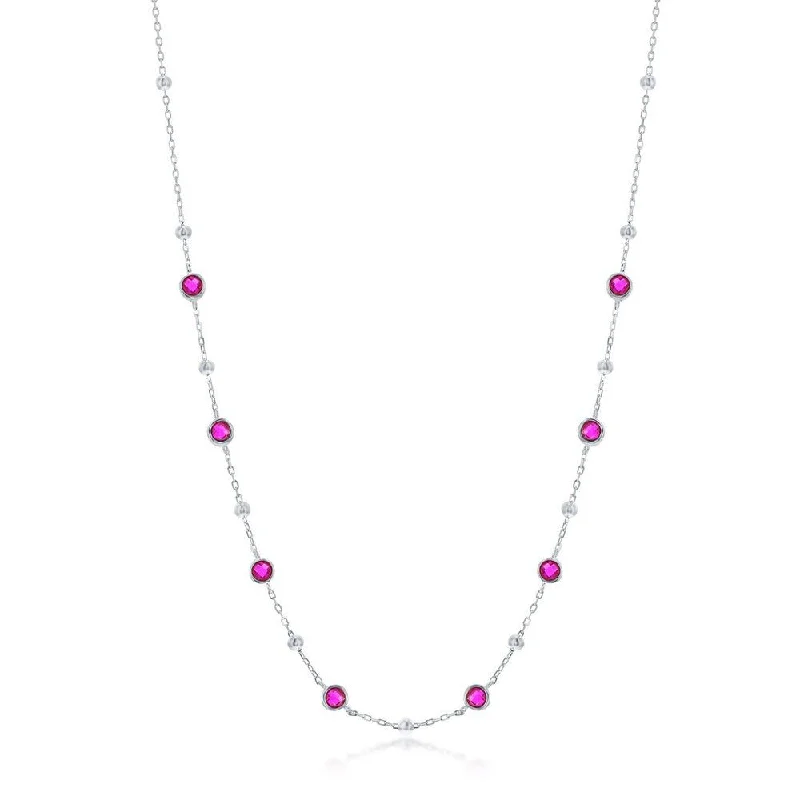 Charm eye necklaces-SS Bezel-Set Red CZ & Bead Station Necklace