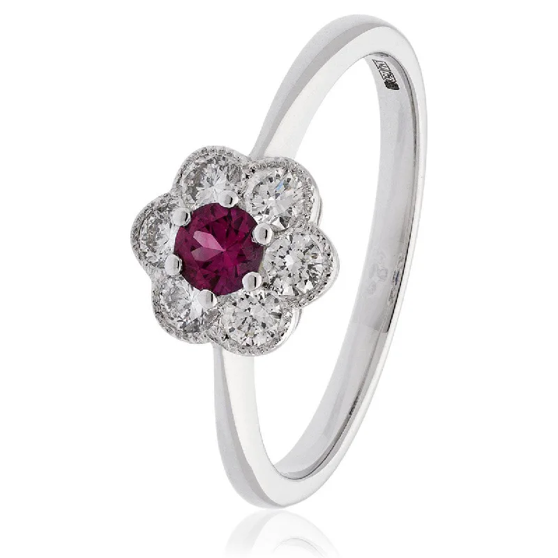 Angled shank rings-18ct White Gold Ruby Deco Cluster Ring