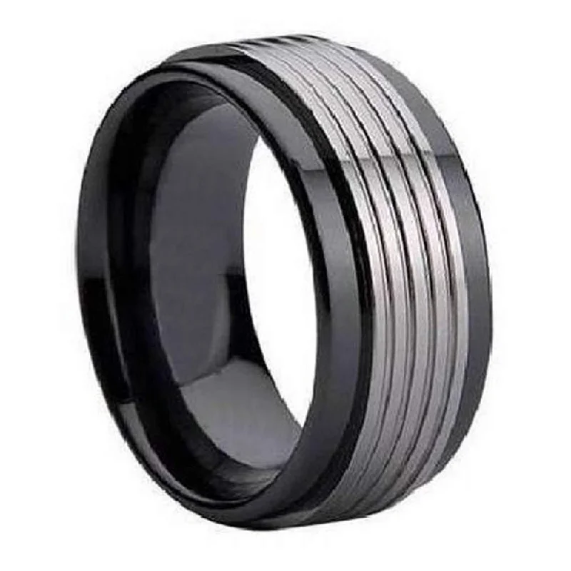 Knotted edge rings-Black Ceramic Ring for Men with Grooved Tungsten Overlay | 9mm