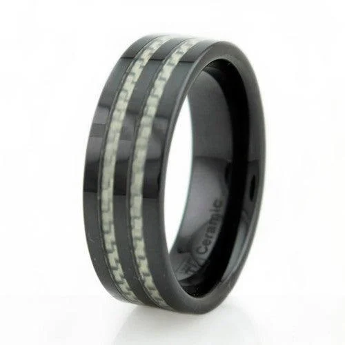 Polished clay rings-Black Ceramic Ring with Gray Carbon Fiber Inlay-8mm