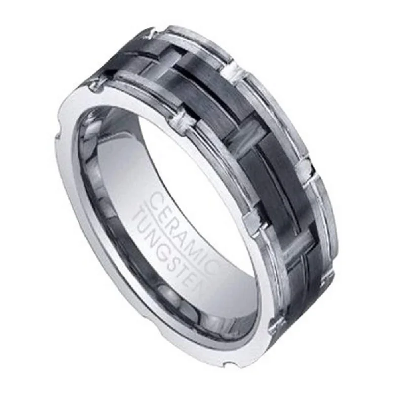 Bead ridge rings-Tungsten Ring for Men with Grooved Black Ceramic Inlay | 8mm