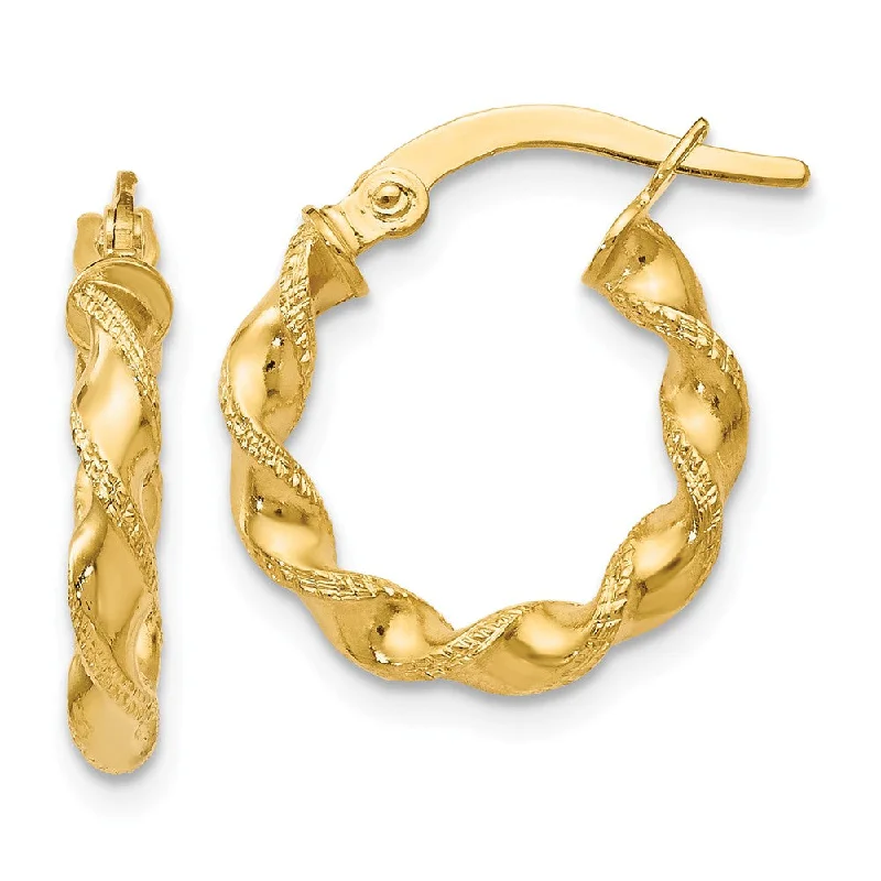 Wave design earrings-2.5mm 14k Yellow Gold Polished & Textured Twisted Hoops, 16mm