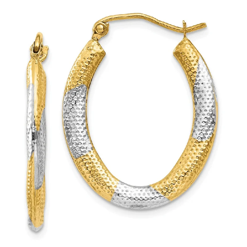 Planetary themed earrings-Textured Hollow Oval Hoops in 14k Yellow Gold and Rhodium