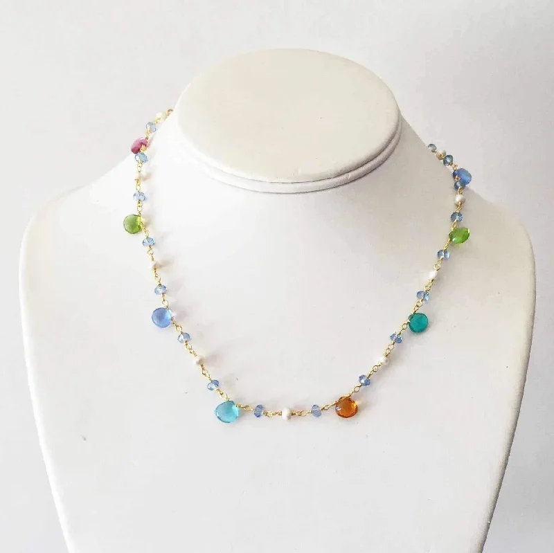 Sleek clasp necklaces-Multi-Quartz Stone & Pearl Vermeil Necklace