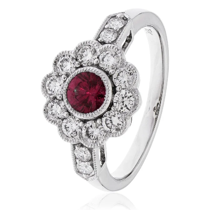 Linked band rings-18ct White Gold Ruby Cluster Ring with Side Diamonds