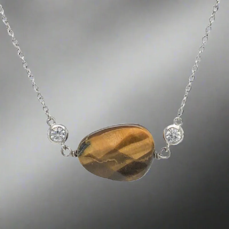 Soft shape necklaces-Sterling Silver Brown Tiger Eye with Small CZs Necklace