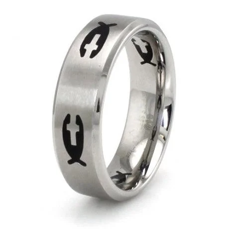 Linked design rings-Stainless Steel Black Resin Fish & Cross Ring -7mm