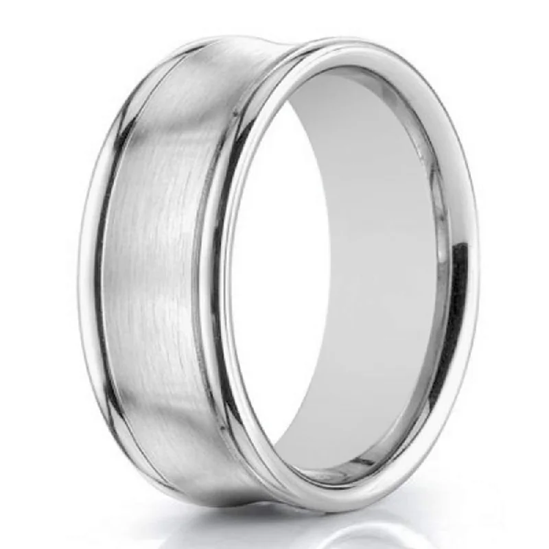 Bead ridge rings-7.5mm Designer 14k White Gold Concave Wedding Ring for Men