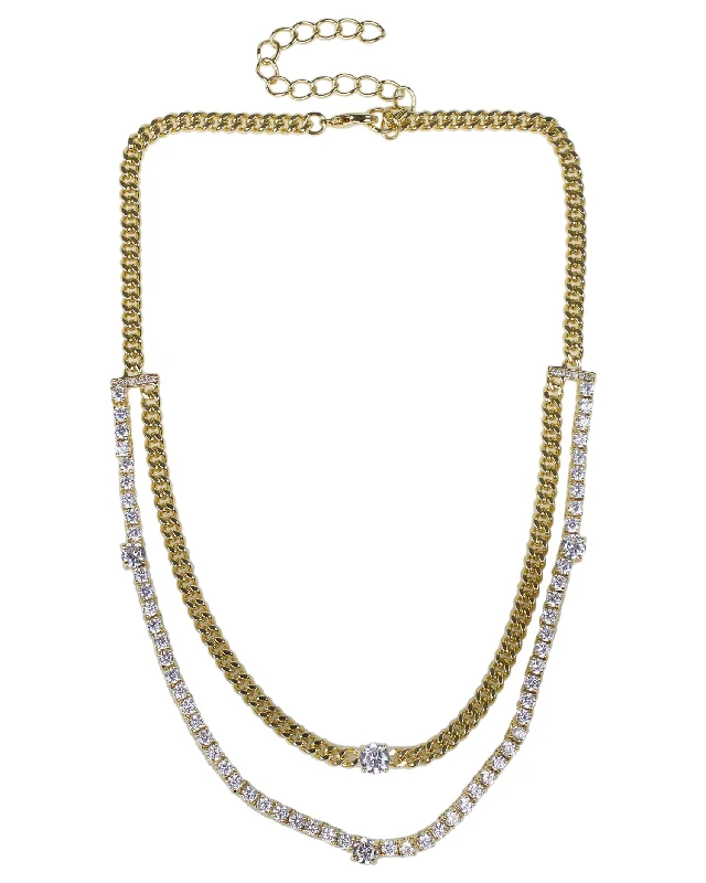 Gem-wrapped necklaces-Chain and CZ Double Necklace