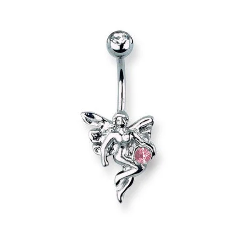 Tiny wing rings-Surgical Stainless Steel Curved Belly Button Ring - Fairy & Pink Crystal