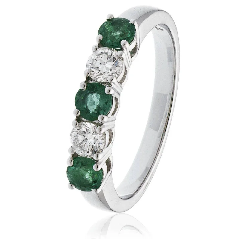 Linked design rings-Diamond and Emerald Five Stone Ring in High Bar Setting