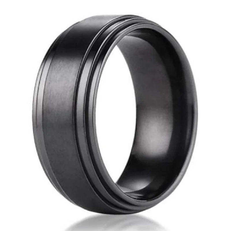 Citrine solitaire rings-8mm Benchmark Black Titanium Men's Wedding Ring with Step-Down Edges