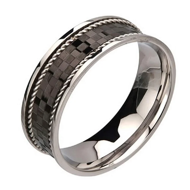 Tourmaline cut rings-Men's Black Checker Pattern ring with Braid Steel Edges Ring-8mm