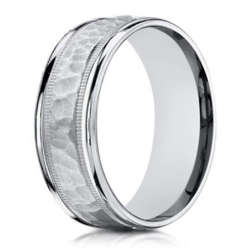 Stretch open rings-Hammered Center 18K White Gold Designer Ring for Men | 6mm