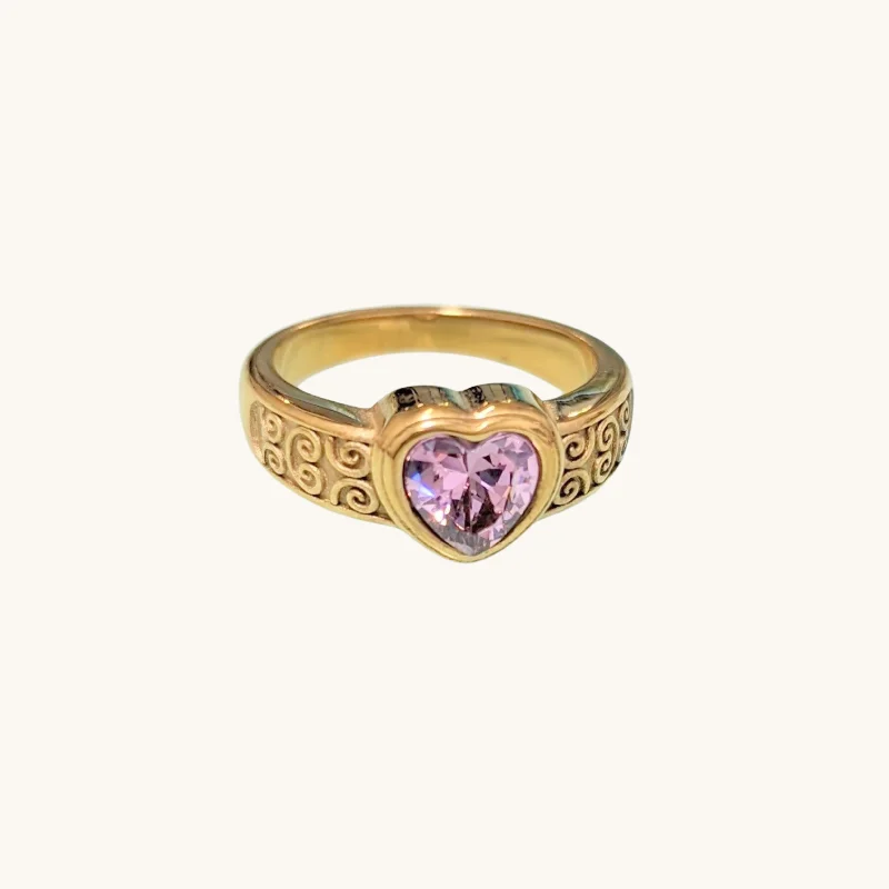 Angled shank rings-Ornate Band Pink Heart Ring